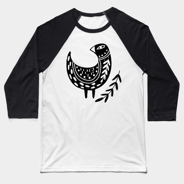 Folk Art Bird with Branch of Leaves in Black Baseball T-Shirt by Pixelchicken